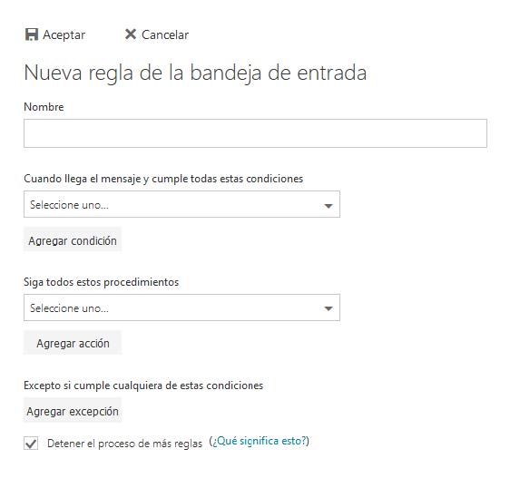 Datos de nueva regla de correo en Correo Web UC