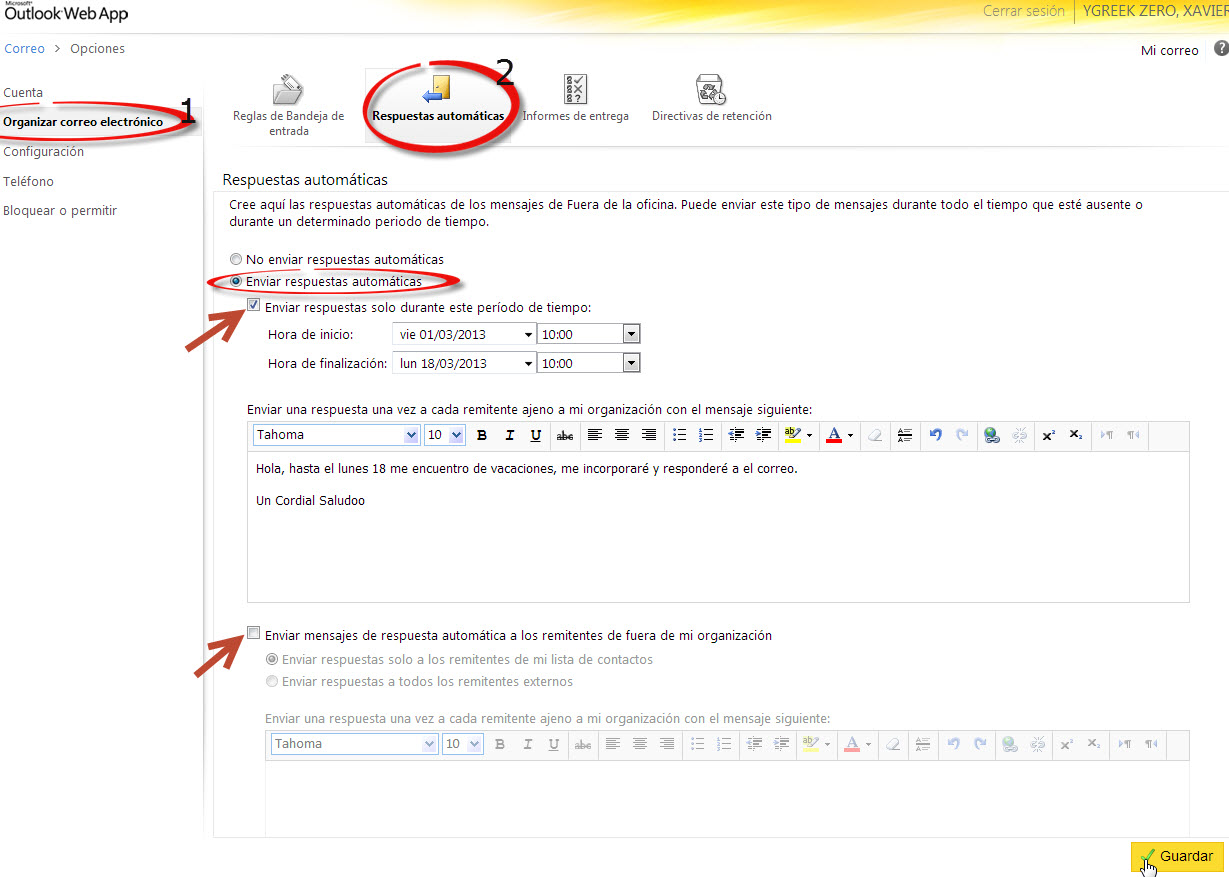 Configuración de respuestas automáticas en el correo web UC