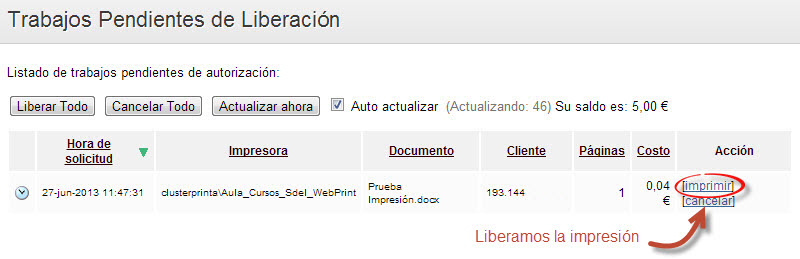 Enlace de liberación de impresión